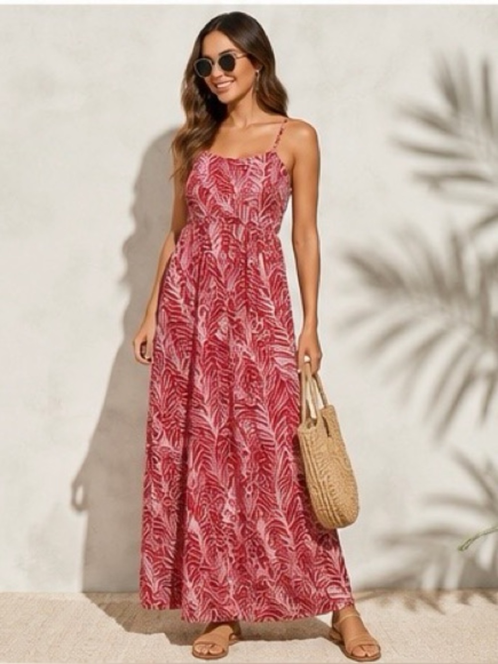 Lily Rose Red Leaf-Print Maxi Sundress